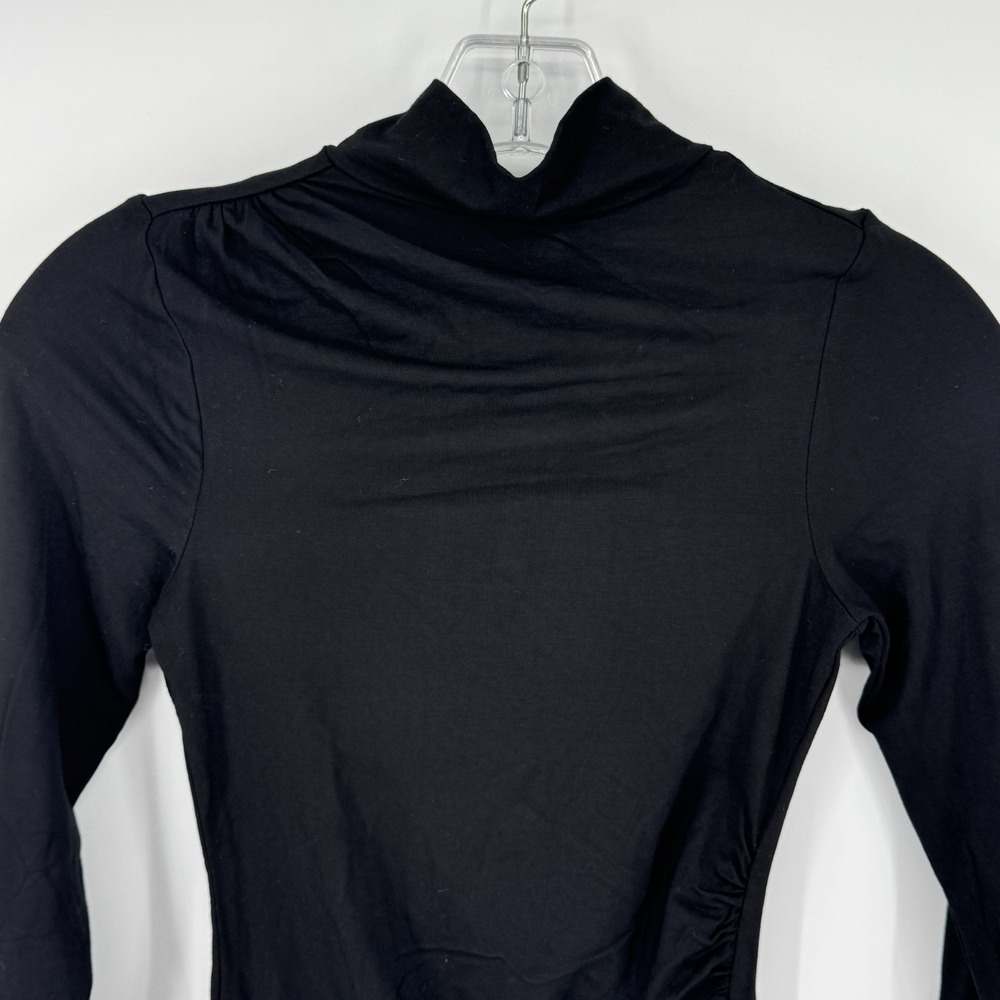 GOOD AMERICAN Ruched Turtleneck Bodysuit Black Long Sleeve High Neck Thong 0/SM - Picture 4 of 9